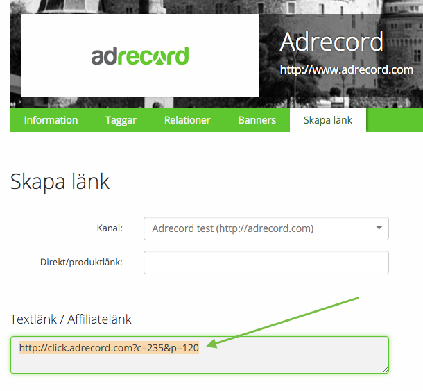 Markera länkadressen från Adrecords kontrollpanel.