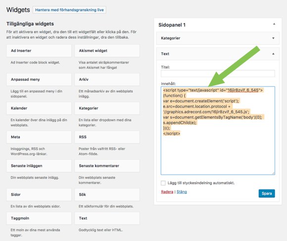 Klistra in annonskoden i text-widgeten.