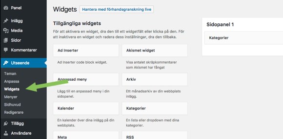 Välj Utseende -> Widgets i WordPress